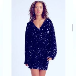 SEQUINS! Sequined Midnight Blue Mini Dress Long Sleeve Lined NWT